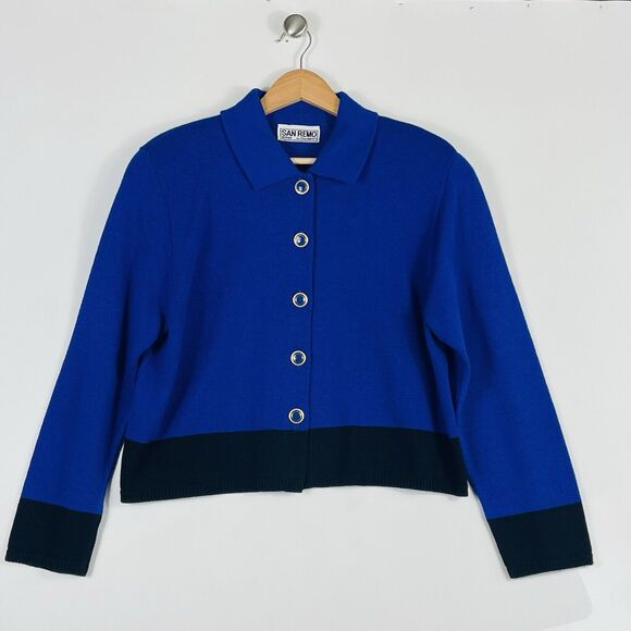 San Remo Petite Laura Knits Black Blue Button‎ Cardigan Sweater Women's Large - Picture 1 of 7